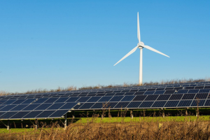 Renewable energy, solar panels, wind turbine