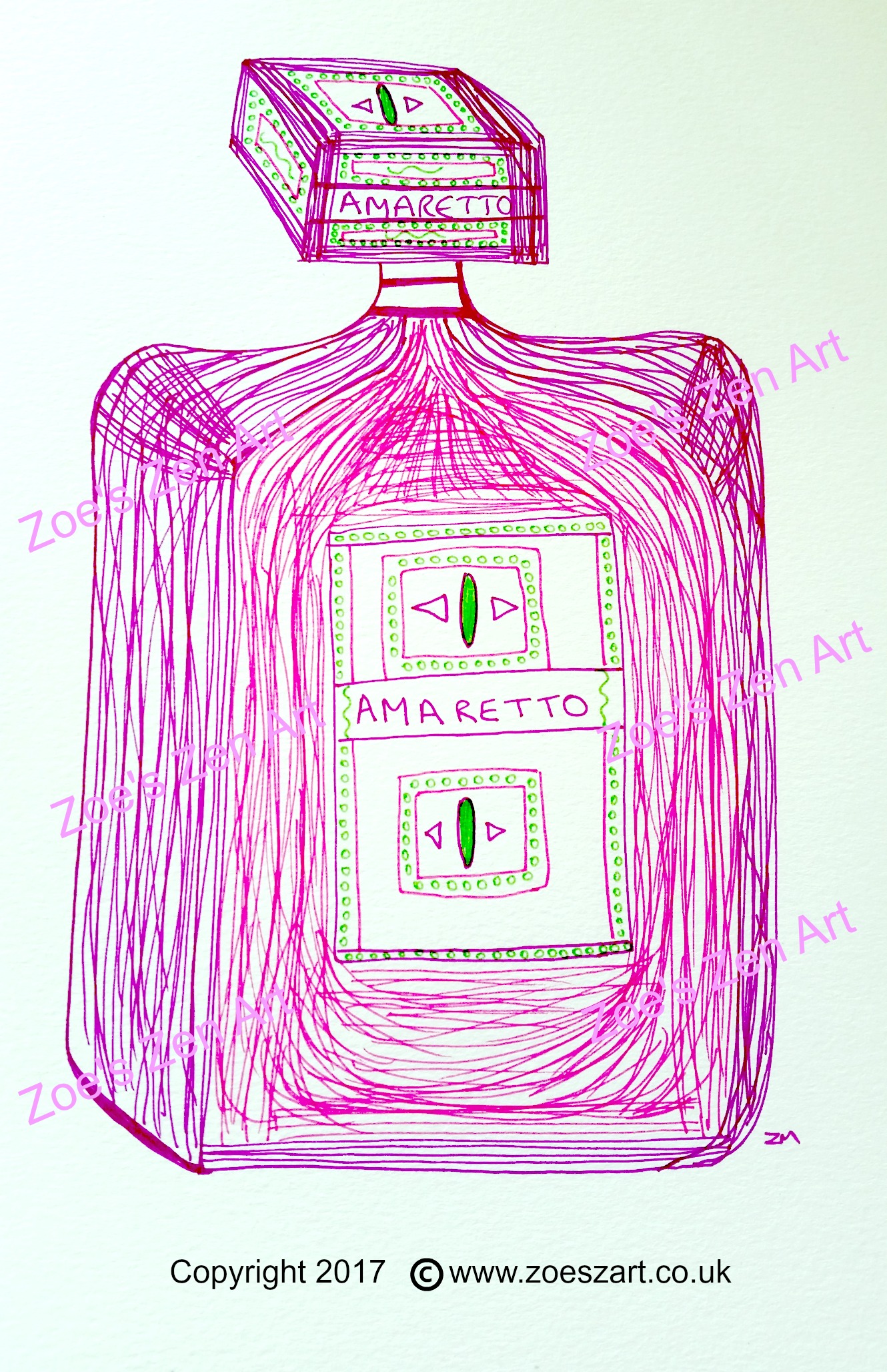amaretto, drawing, zen art, bottle